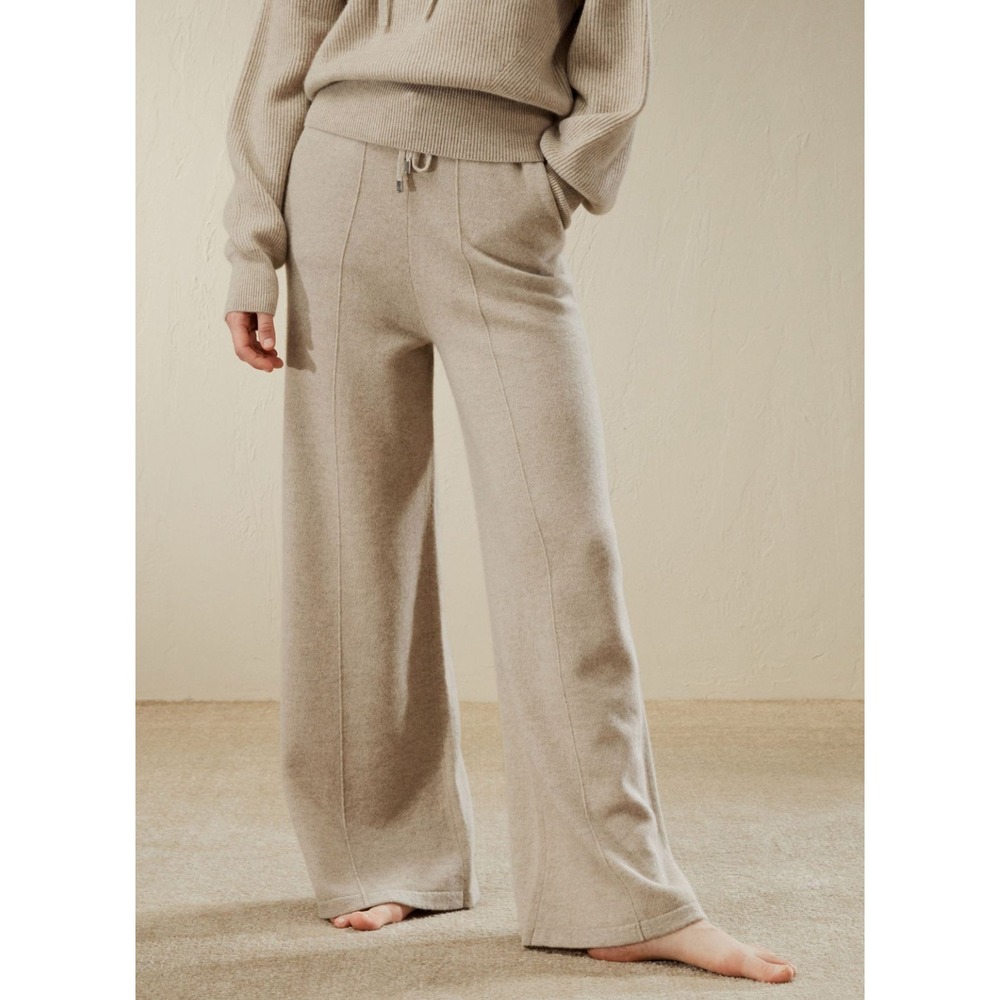 LilySilk Heathered Tan Fluid Cashmere Sweatpants Wide Leg Drawstring Pants Sz M